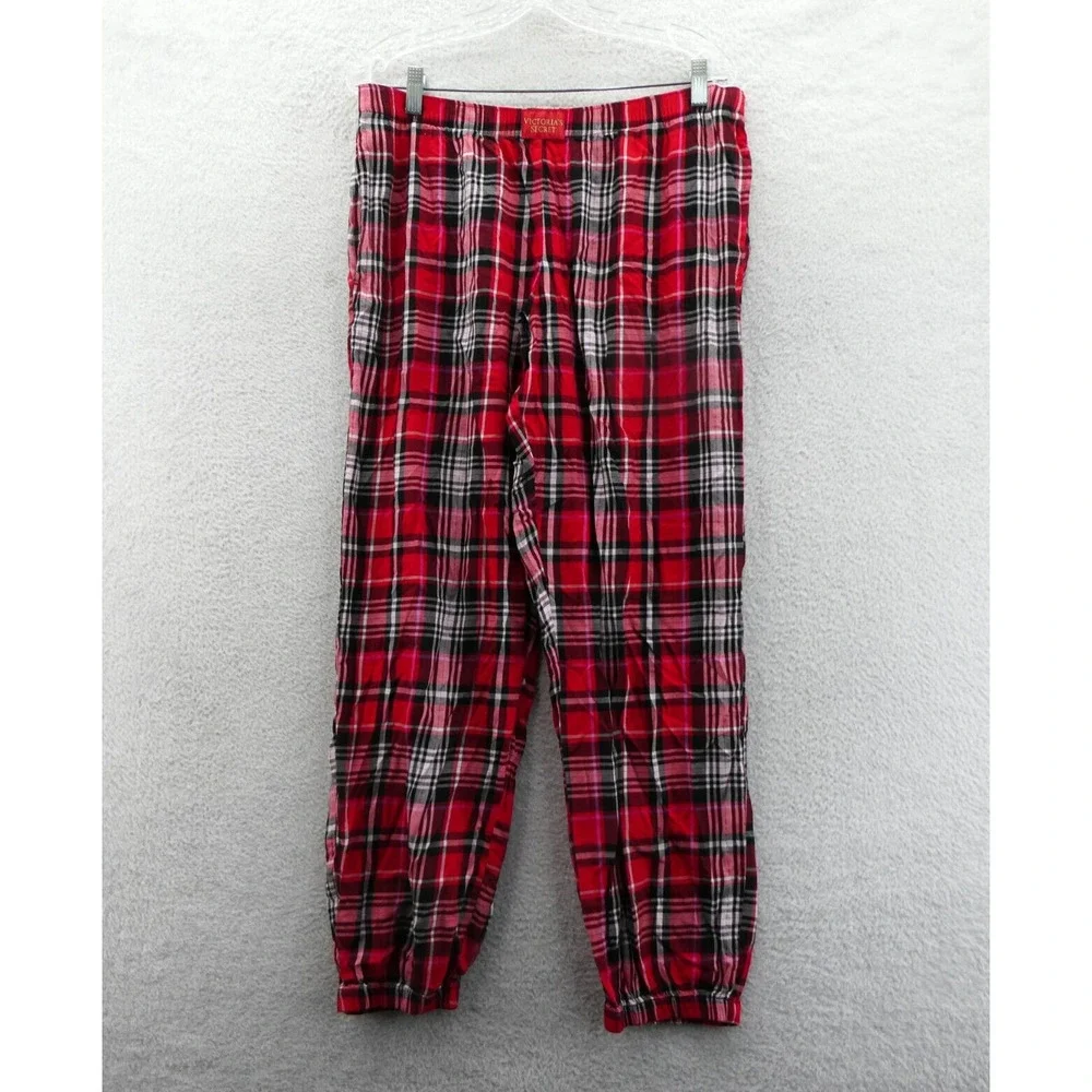 Victorias Secret Large Cotton Pajama Pants Red Pink Plaid Cabin‎ Lounge Tapered